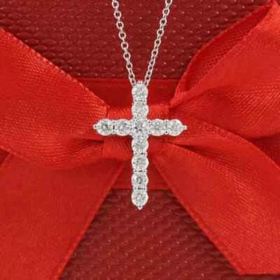 Cross Pendant Round Cut 1Ct Lab Grown Diamond 10k White Gold With 18" Chain - Image 1 of 4