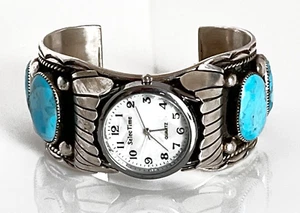 Excellent Signed VTG. Navajo Sterling Silver 6 Turquoise Cuff Watchband 95 Grams - Picture 1 of 12