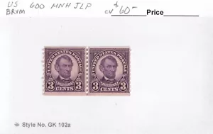 SELLOS DE MATT SCOTT #600 3 CENTAVOS ABRAHAM LINCOLN LÍNEA CONJUNTA PAR, MNH, CV $60 - Imagen 1 de 2