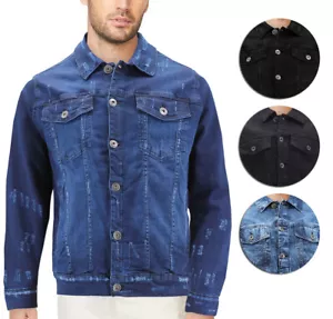 Men’s Classic Distressed Casual Button Up Stretch Jean Trucker Denim Jacket - Picture 1 of 13