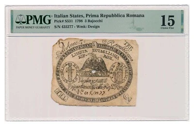 ITALIAN STATES (REPUBLICA ROMANA) banknote 3 Bajocchi 1798 PMG F 15 Choice Fine - Image 1 of 4