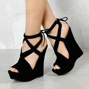 Women Sandals Platform Wedges Ankle Strap Open Toe Faux Suede Shoes Lace Height - Picture 1 of 3