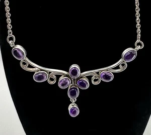 Sterling Silver Y Bar Necklace 9 Amethyst Stones Briolette Swag Scroll 16”Choker - Picture 1 of 19