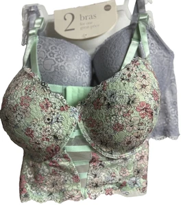 Cato 2pk Bra Set 42DD Padded Wired Extended Corset Green Floral Lilac - Picture 1 of 2