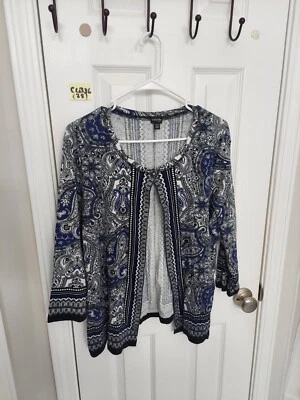 RAFAELLA 女式 1X 码黑色白色长 Slv 棉混纺针织开衫上衣  — 第 1/4 张图片