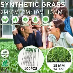 Artificial Synthetic Grass Fake Lawn Turf Plants 10-20SQM Roll 15mm& Grass Pin - Picture 1 of 17