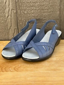 Hotter Leather Ella Open Toe Blue Sandals Comfort Size 8.5" England Block Heel - Picture 1 of 12