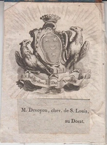 Ex-libris héraldique 18e Jean-Baptiste de VOYON - Limoges. - Picture 1 of 2