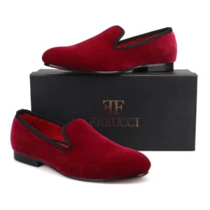 Handmade FERUCCI Men Plain Burgundy Velvet Slippers loafers Flats Prom - Picture 1 of 7