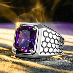 Anillo Amatista Hombre, Amatista Púrpura Natural Nacimiento Febrero, Joyería Plata 925, - Imagen 1 de 4