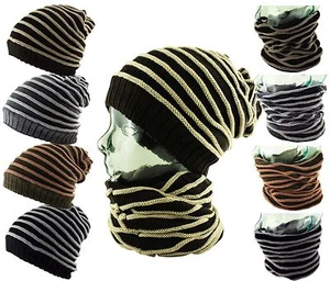 3 in 1 Stripe Pull On Beanie - Neck - Face Warmer - SNOOD Cap Hat - Picture 1 of 15