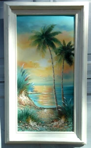"K Cummings Florida pintura al atardecer palmeras playa avena marina gaviotas 24"" x 12" - Imagen 1 de 12