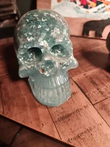 Halloween Transparent Aqua Crushed GlassHuman Skull Figurine 4" - Picture 1 of 4