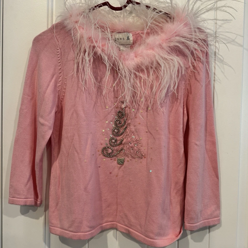 Blusa Just B Mujer Borde Pluma Rosa Navidad Tema Suéter Talla Pequeña Foto 1 de 4