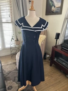 Bettie Page navy blue retro Sailor dress buttons off shoulder size S - Picture 1 of 9