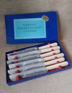 6 Vintage Dessert Knives Sheffield Lewis's Standex Faux Bone Starter Knife Boxed - Picture 1 of 6