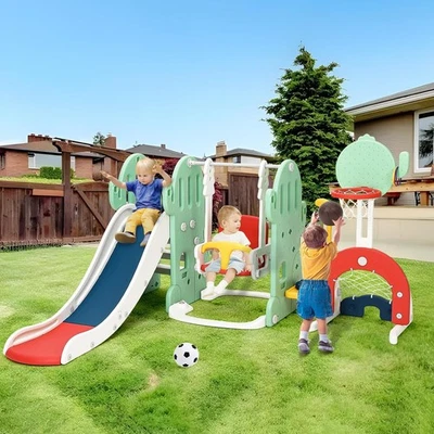 Juego de tobogán y columpio para niños pequeños 7 en 1, escalador para niños interiores y exteriores con aro y juegos verde Foto 1 de 4
