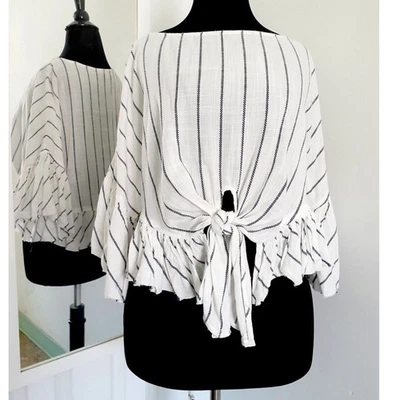 Olivaceous Bell Sleeves Tie Front   Striped Blue White Boho Crop Top Blouse L - Image 1 of 4