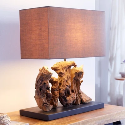 Design Treibholz Lampe ARAGON 50cm Schirm aus Leinenstoff Handarbeit Tischlampe - Bild 1 von 4