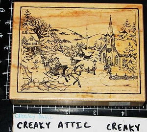 PSX K-2754 WINTER SCENE CHURCH SLEIGH HILL HOUSES TREES RUBBER STAMP CREAKYATTIC - Picture 1 of 1