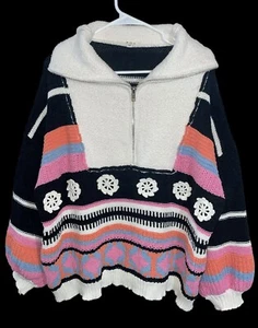 POL High Collar Half Zip Mixed Print Sweater in Black Multi Size M - Picture 1 of 9