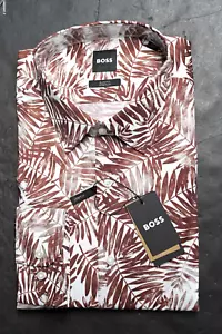 Hugo Boss Men's Hank Kent Slim Fit Leaf Print Stretch Cotton Dress Shirt 41 16 - Picture 1 of 10