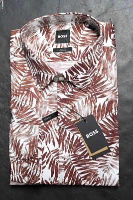 HUGO BOSS Hombre Hank Kent Ajustado Hoja Estampado Algodón Elástico Camisa 42 - Imagen 1 de 4