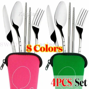 4 Pcs Cutlery Travel Knife Fork Portable Bag Stainless Steel Spoon Chopstick Set - Picture 1 of 20