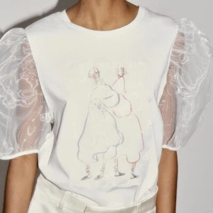 NEW Zara Women’s Printed Tshirt Organza Puff Sleeves size M White Retro Classic - Picture 1 of 11