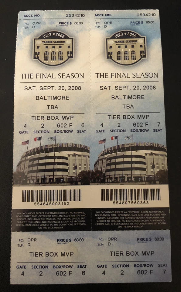 Yankees Full Ticket Stub Mariano Rivera Last Win NM Old Stadium 9/20/2008 - Image 1 of 1