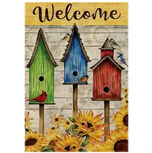 Welcome Birdhouses Birds & Sunflowers Burlap Garden Flag 12x18in Double-Sided - Picture 1 of 2