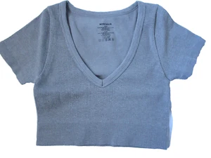 Ambiance Damen Kurzarm Crop Top V-Ausschnitt gerippt grau Gr. S/M Neu - Bild 1 von 7