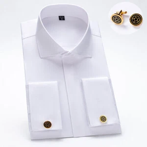 Mens Dress Shirts French Cuff Long Sleeves Formal Business No Iron Shirts Tops - Picture 1 of 14