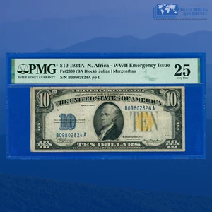 Fr.2309 1934A $10 Silver Certificate Yellow Seal "North Africa", PMG VF 25 #2824 - Picture 1 of 3