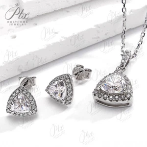 2 CT TRIANGLE MOISSANITE PENDANT NECKLACE CHAIN EARRING 18K WHITE GOLD PLATED - Picture 1 of 8