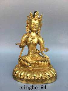 Statua Buddha Tara 8" Cina vecchia dinastia tempio buddismo tibetano bronzo dorato 24k - Foto 1 di 9
