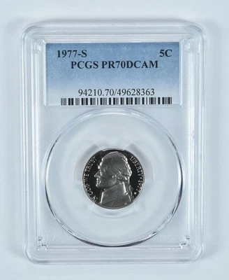 1977-S Jefferson níquel PR70 DCAM PCGS etiqueta azul *6497 - Imagem 1 de 4