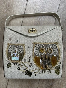 Vintage Pailletten Schmuck Eule Handtasche Handtasche Schultertasche Holz Canvas MCM - Bild 1 von 11
