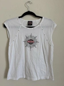 Vintage Y2K Harley Davidson White Studded Biker Cap Sleeve Daytona FL Top XL - Bild 1 von 5