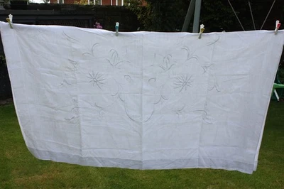 Nb871 Lovely Vintage Edwardian White Linen Embroidered Bedspread 70 x 88" VGC - Image 1 of 4