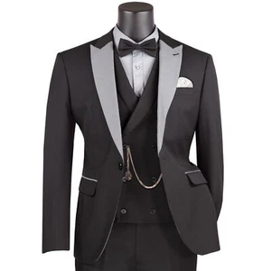 VINCI Men's Black 3-Piece Slim-Fit Tuxedo Suit w/ Bow-Tie - NEW - Picture 1 of 4