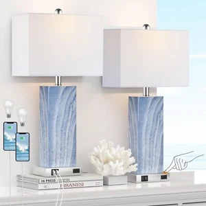 Touch Control Table Lamps Set of 2, Modern Ceramic Bedside Lamp with 2 USB Ports - Picture 1 of 7