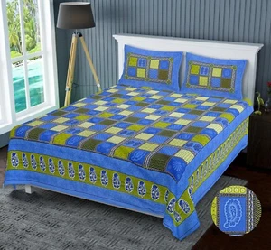 Indian Bed Sheet With 2 Pillow Case King Size Box Design Print Bedspread - Picture 1 of 4