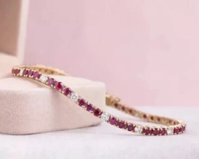 Brazalete Tenis Simulado 7CT Corte Redondo Rubí y Diamantes Acabado Oro Rosa 14K Foto 1 de 4