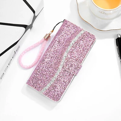 Flash Bling Wallet Flip Card Bag Case Cover Women Girls +Strap For Various Phone - Image 1 of 4