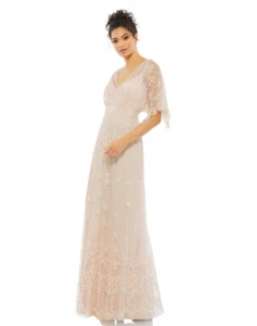 Mac Duggal Size 4 Blush V-Neck Flutter Sleeve Embellished Blush Mesh Gown #9144 - Picture 1 of 10