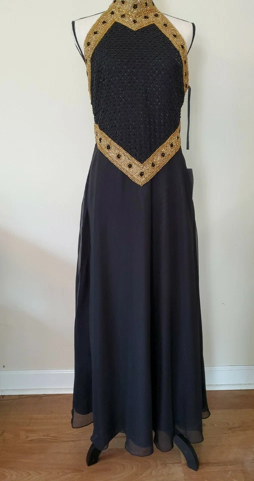 VESTIDO DE NOCHE SEÑORA NUEVO CON ETIQUETAS ESCALA MADRE DE LA NOVIA NEGRO Y DORADO TALLA M Foto 1 de 4