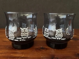 Libbey Blue Gray Owls And Moon Glasses Tulip Shape SET OF 2 M. Dia 3.5” Tall - Picture 1 of 12
