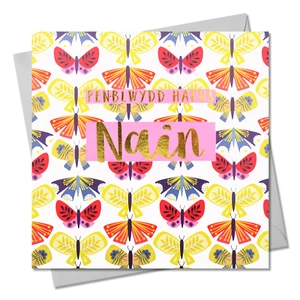 Welsh Birthday Card, Penblwydd Hapus Nain, Nanna, text foiled in shiny gold - Picture 1 of 5
