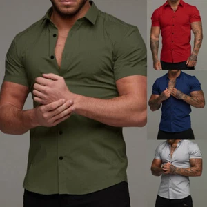 Men's Short Sleeve Button Down Shirts Casual Slim Fit T-Shirt Formal Tops Blouse - Picture 1 of 22